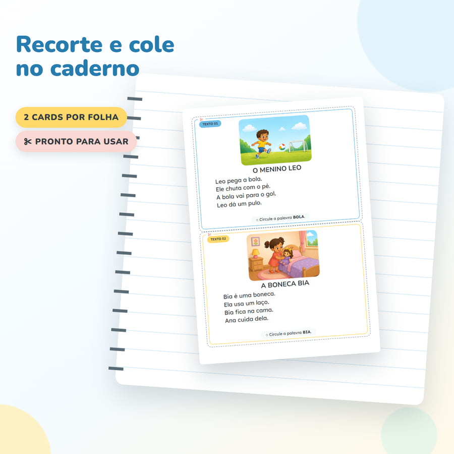 Folha com dois cards de leitura para recortar e colar